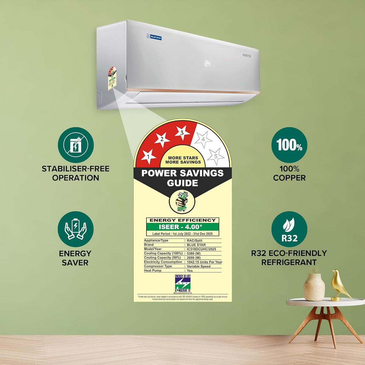 Blue Star 1.5 Ton 3 Star Hot & Cold Inverter Split AC, IC318DCUHC