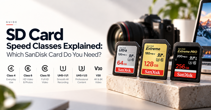 SD card speed classes explained with SanDisk Ultra, Extreme, and Extreme PRO cards, showing Class 4, Class 6, Class 10, UHS-I U1, UHS-I U3, and V30 speed ratings for photography, 4K video, drones, content creation, and gaming.