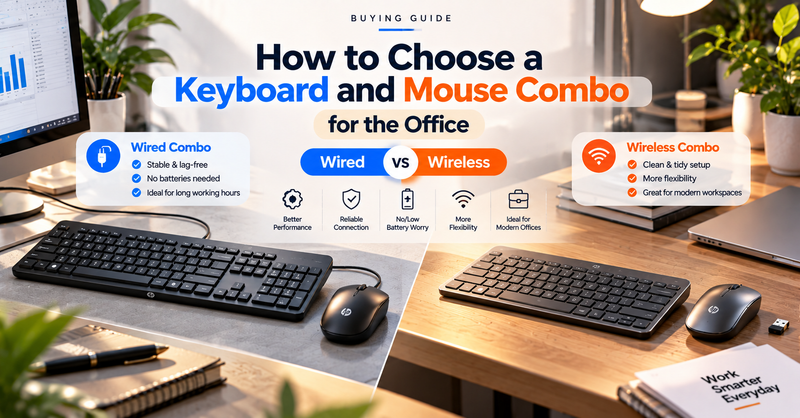 Office keyboard and mouse buying guide comparing wired and wireless combos, showing their connection types, flexibility, comfort, battery needs, and office-use considerations.