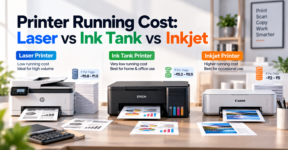 Printer running cost comparison showing Laser, Ink Tank, and Inkjet printers with their typical per-page costs and ideal usage scenarios.
