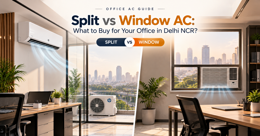 Split vs Window AC comparison for Delhi NCR offices, showing a wall-mounted split AC and window AC in two modern office setups with cooling airflow and city views.