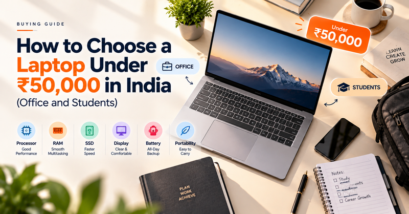 Laptop buying guide for India under ₹50,000, featuring a modern laptop workspace with key factors for office users and students including processor, RAM, SSD, display, battery, and portability.