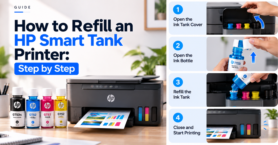 Step-by-step guide to refilling an HP Smart Tank printer, showing ink bottles, the printer ink tanks, and four refill steps from opening the tank to printing.
