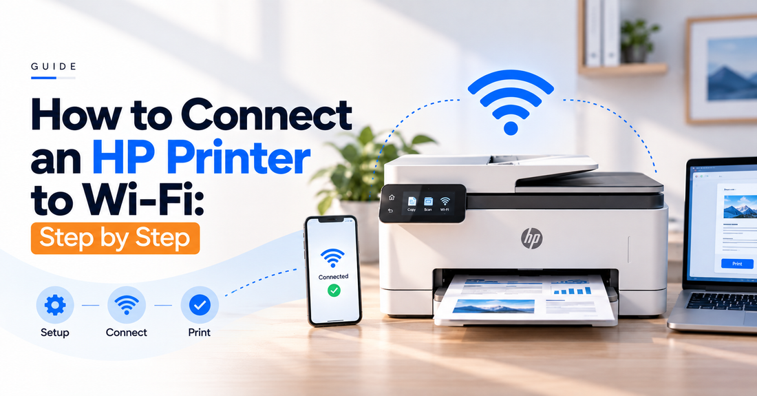 Step-by-step guide to connecting an HP printer to Wi-Fi, showing an HP printer, Wi-Fi connection, smartphone, laptop, and setup-to-print workflow.