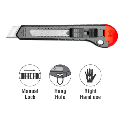 Miles Cutter Knife PN-1801/P (18mm) with 8-Segment Snap-Off Blade, Manual Lock, Plastic Body, Pack of 10